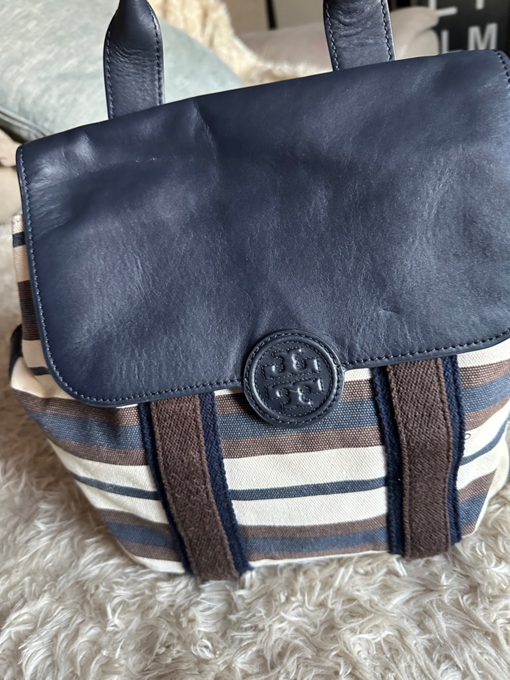 Tory Burch Navy Leather-Trim Striped Canvas Backpack with Brown Accents